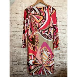 Etcetera Midi Dress Womens 6 Pink Retro Florals Shift Long Sleeve Stretch‎
